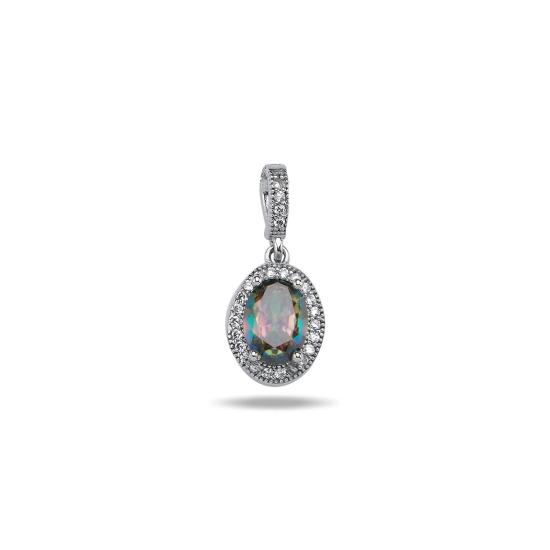 Gümüş Mistik Topaz Oval & Zirkon Taşlı Halo Tektaş Kolye Ucu