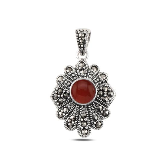 Gümüş Kırmızı Akik & Markazit Taşlı Kolye Ucu